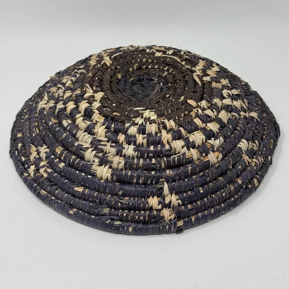 Vintage Handwoven Coiled Basket Bowl Black & Natural Tribal Woven 9